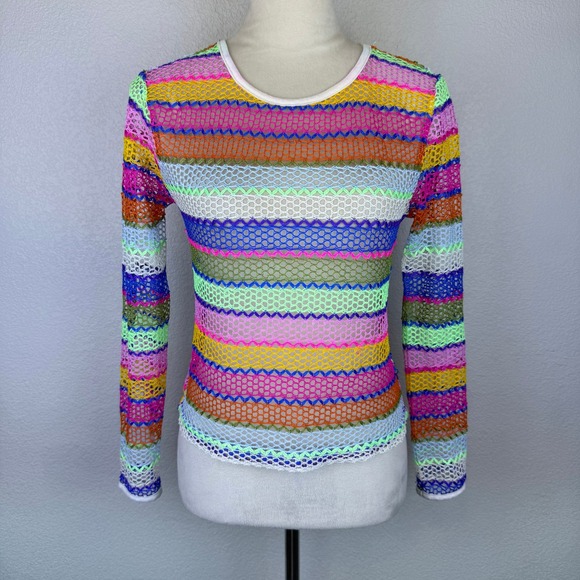 Tops - Crochet Rainbow Striped Mesh Long Sleeve Top Women's Multi Color Sheer Festival